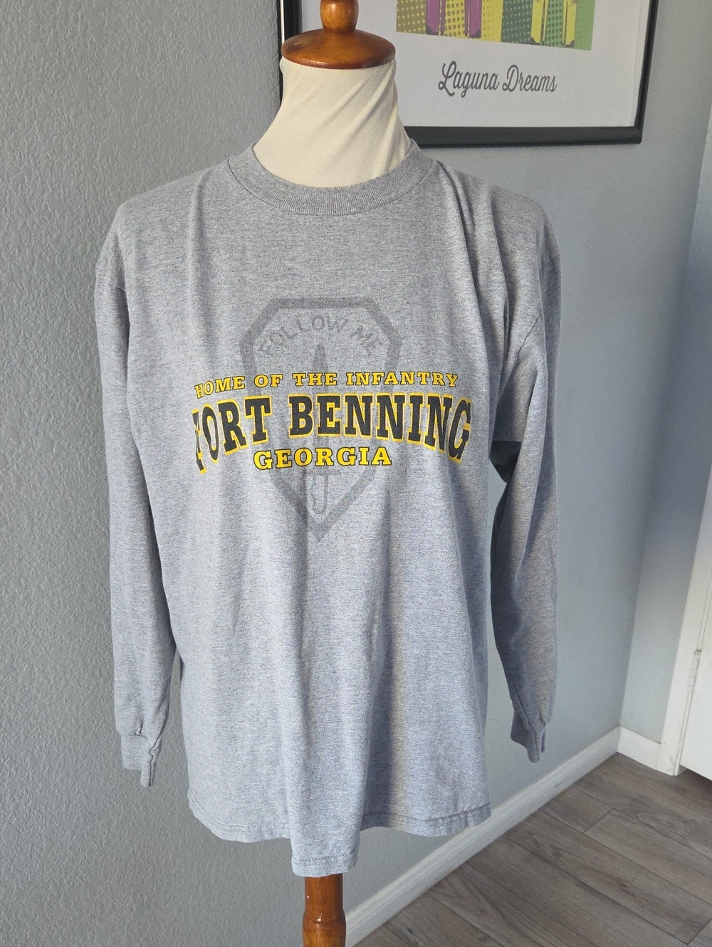 Fort Benning Georgia Grey Long Sleeve Tee with Yellow Print Large